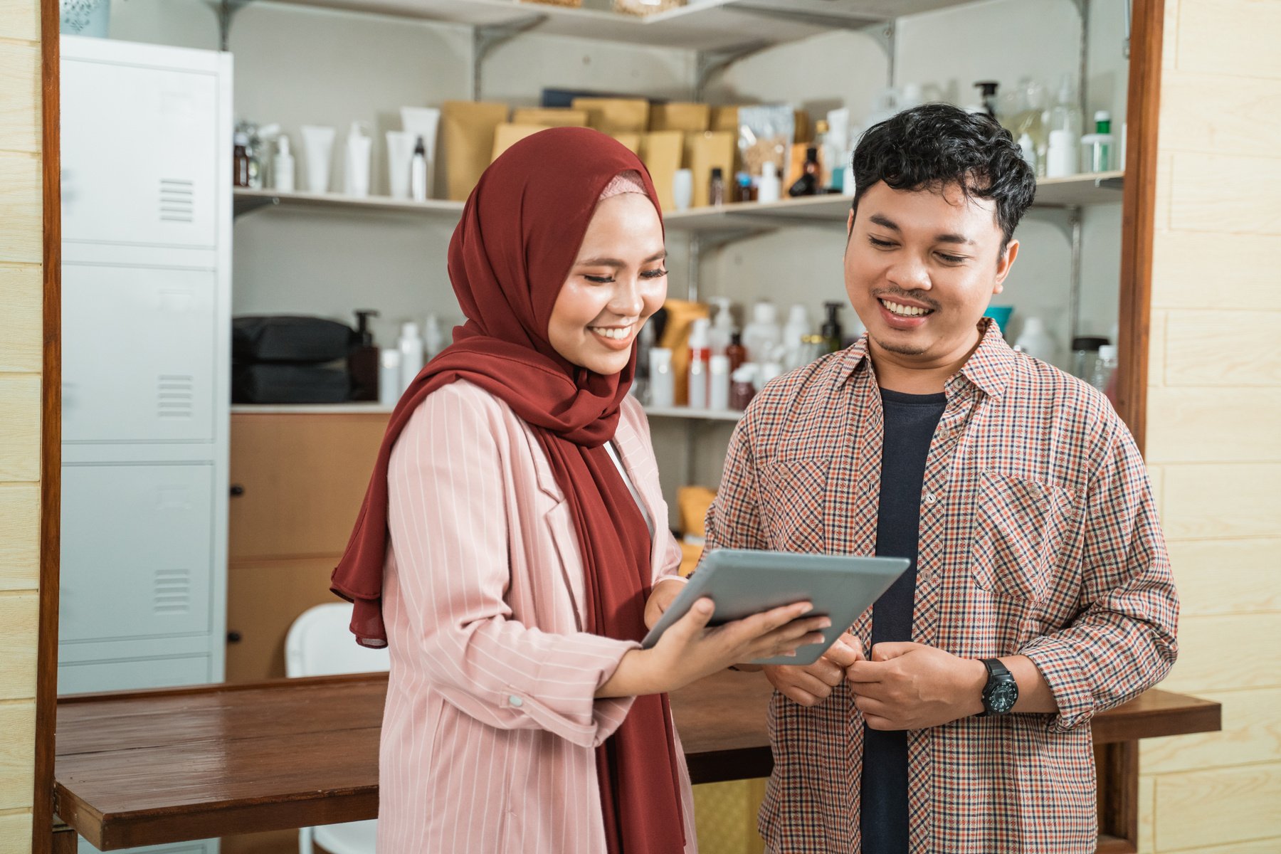 Portrait Young Man and Muslim Woman Talking